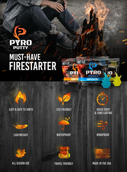 Pyro Putty: Single Use Waterproof Survival Fire Starter, 20 or 50 Ct Foil Packs, Easy Tear, Easy Ignite, Fire Starters for Campfires