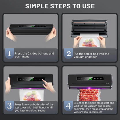 Vacuum Sealer Machine, Automatic Vacuum Sealer for Food with 10 Bags, Built-In Cutter, Dry & Moist Modes, LED Indicator, Easy to Clean, Compact Design for Sous Vide & Food Storage (Black)