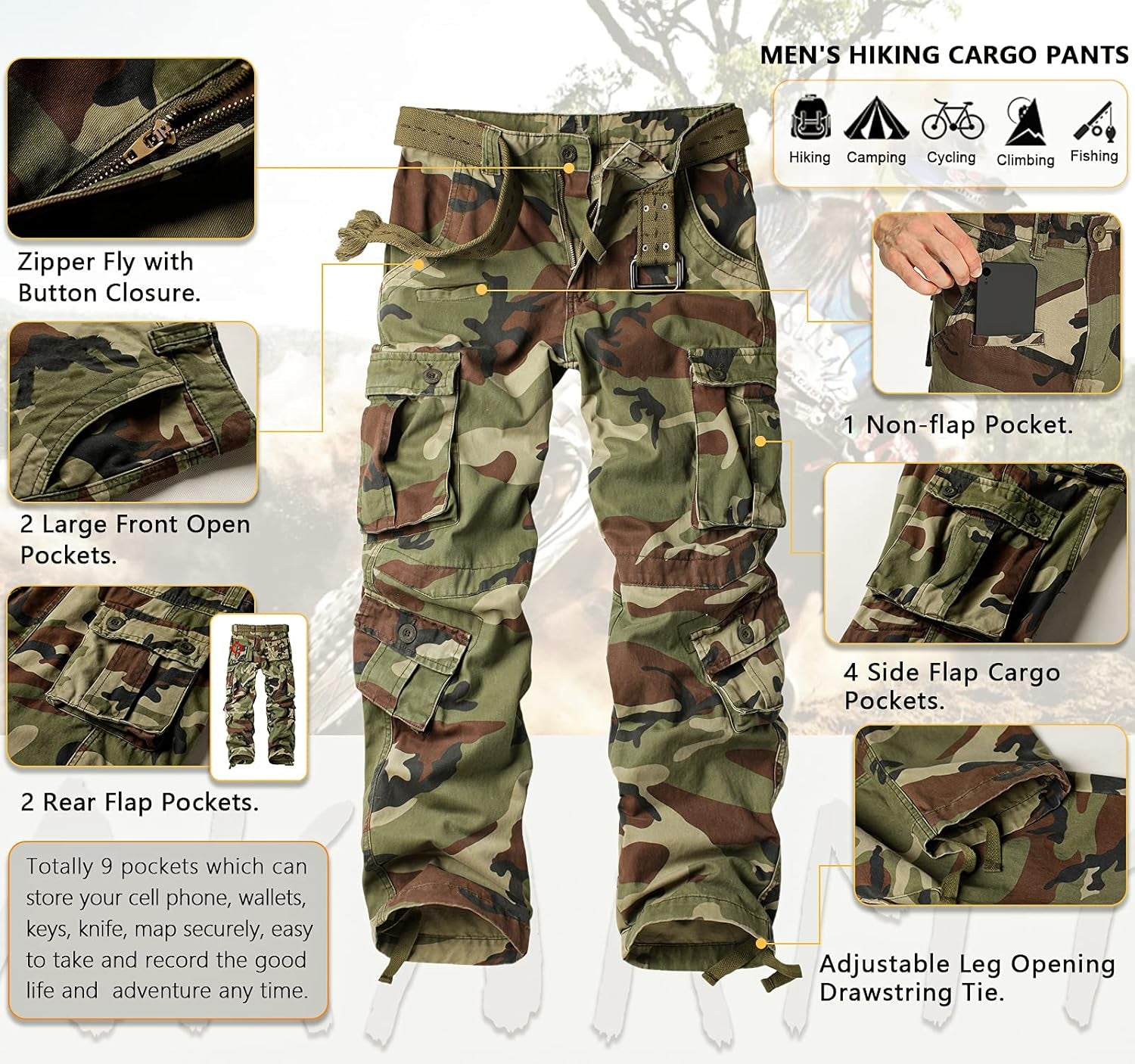 Men'S Casual Relaxed Fit Cargo Pants with Pockets, Outdoor Camo Cotton Work Pants for Men(No Belt)