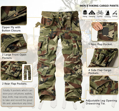 Men'S Casual Relaxed Fit Cargo Pants with Pockets, Outdoor Camo Cotton Work Pants for Men(No Belt)