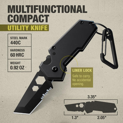 Mini Keychain Knife with Carabiner - 1.3" Tanto Serrated Blade - 6 in 1 Black Multitool - Bottle Opener Box Cutter Liner Lock - EDC Gadgets - Legal Folding Small Pocket Knives for Men Women Gifts 2248