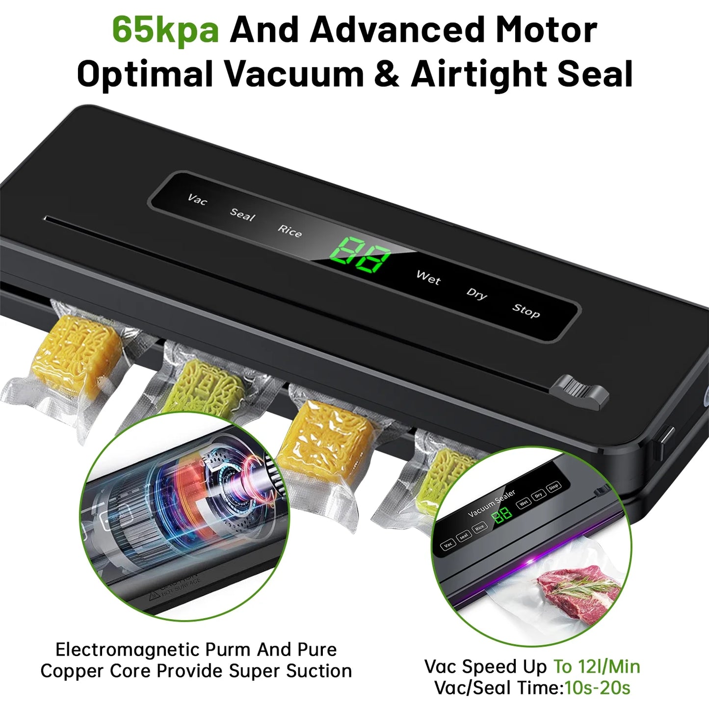 Vacuum Sealer Machine, Automatic Vacuum Sealer for Food with 10 Bags, Built-In Cutter, Dry & Moist Modes, LED Indicator, Easy to Clean, Compact Design for Sous Vide & Food Storage (Black)