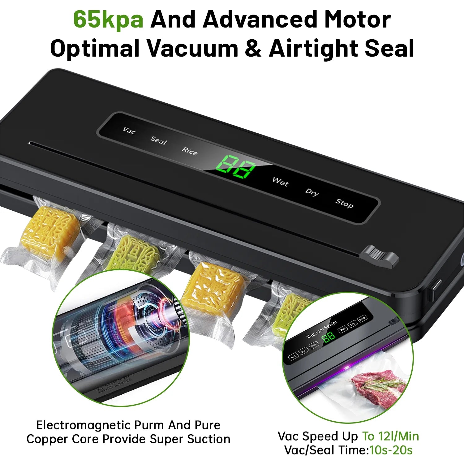 Vacuum Sealer Machine, Automatic Vacuum Sealer for Food with 10 Bags, Built-In Cutter, Dry & Moist Modes, LED Indicator, Easy to Clean, Compact Design for Sous Vide & Food Storage (Black)