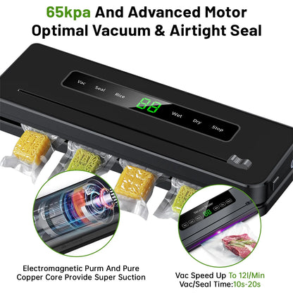 Vacuum Sealer Machine, Automatic Vacuum Sealer for Food with 10 Bags, Built-In Cutter, Dry & Moist Modes, LED Indicator, Easy to Clean, Compact Design for Sous Vide & Food Storage (Black)