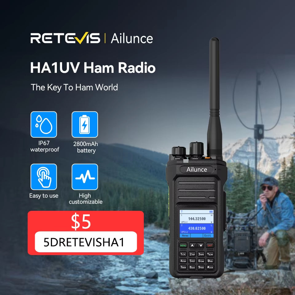 Ailunce HA1UV Walkie Talkie IP67 Waterproof 2800Mah Rechargeable Long Range Dual Band Two-Way Radio Sub-Ptt Ham Radio