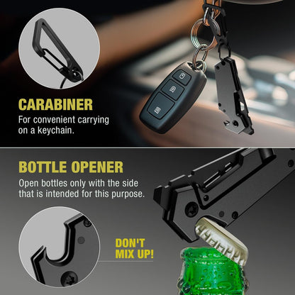 Mini Keychain Knife with Carabiner - 1.3" Tanto Serrated Blade - 6 in 1 Black Multitool - Bottle Opener Box Cutter Liner Lock - EDC Gadgets - Legal Folding Small Pocket Knives for Men Women Gifts 2248
