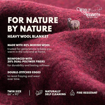 Outdoor Merino Wool Throw Blanket - 66 X 90 In, Large, Burgundy - Heavy Thermal Camping Blankets - Breathable Wool Throw