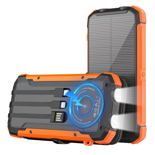 Solar Power Bank,20000Mah Portable Charger with Built-In 3 Cable,18W Fast Charging&5W Wireless Charger,Compatible with Iphone,Android-Camping,Hiking,Travel Essentials(Orange)