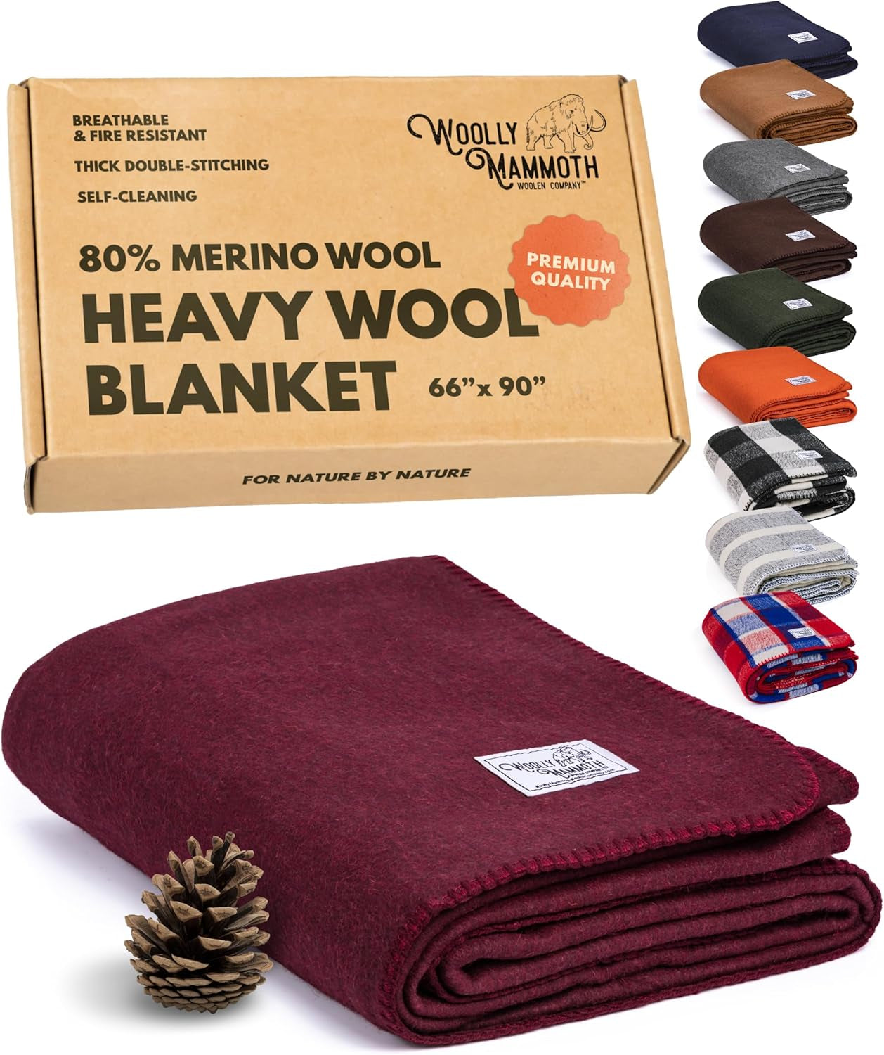 Outdoor Merino Wool Throw Blanket - 66 X 90 In, Large, Burgundy - Heavy Thermal Camping Blankets - Breathable Wool Throw