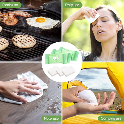 Compressed Towel Tablets 12"X9" 50 Pcs Individually Wrapped Mini Disposable Coin Towel Travel Size Wipe Washclothes (Green)