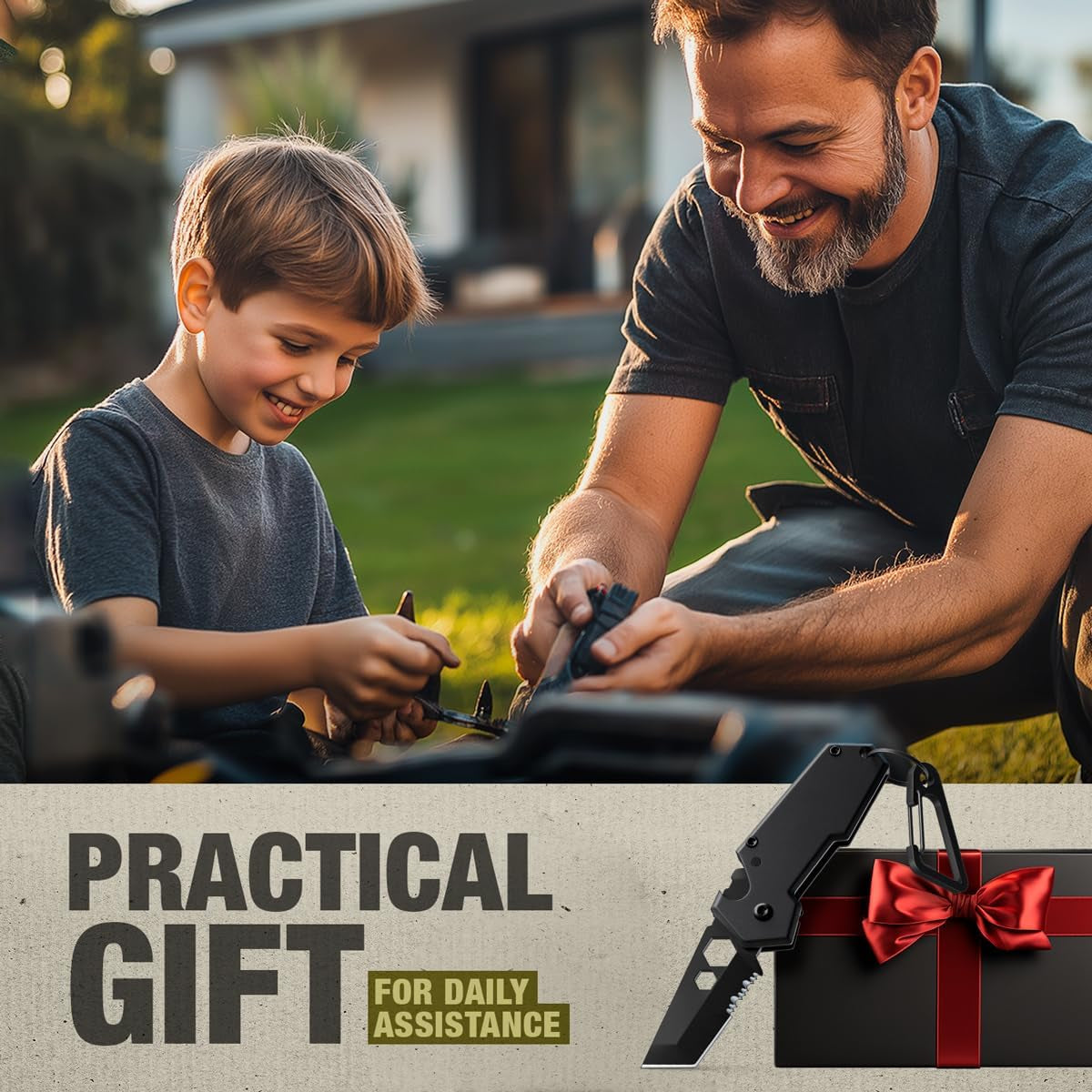 Mini Keychain Knife with Carabiner - 1.3" Tanto Serrated Blade - 6 in 1 Black Multitool - Bottle Opener Box Cutter Liner Lock - EDC Gadgets - Legal Folding Small Pocket Knives for Men Women Gifts 2248