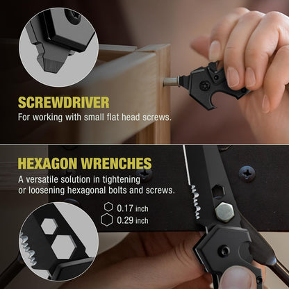 Mini Keychain Knife with Carabiner - 1.3" Tanto Serrated Blade - 6 in 1 Black Multitool - Bottle Opener Box Cutter Liner Lock - EDC Gadgets - Legal Folding Small Pocket Knives for Men Women Gifts 2248