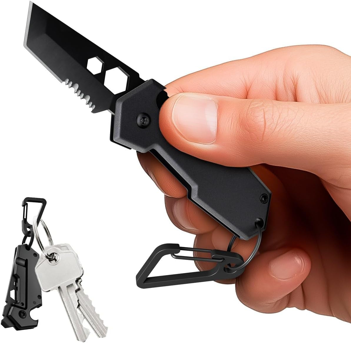 Mini Keychain Knife with Carabiner - 1.3" Tanto Serrated Blade - 6 in 1 Black Multitool - Bottle Opener Box Cutter Liner Lock - EDC Gadgets - Legal Folding Small Pocket Knives for Men Women Gifts 2248