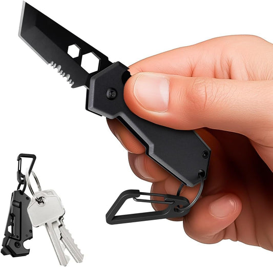 Mini Keychain Knife with Carabiner - 1.3" Tanto Serrated Blade - 6 in 1 Black Multitool - Bottle Opener Box Cutter Liner Lock - EDC Gadgets - Legal Folding Small Pocket Knives for Men Women Gifts 2248