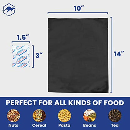 75  Mylar Bags - Bundle - 1 Gallon (5 Mil, 10In X 14In) with 80 400Cc Oxygen Absorbers, 80 Sticker Labels - Heat Sealable, Food Safe, Long Term Food Storage & Survival - Black