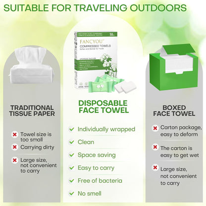 Compressed Towel Tablets 12"X9" 50 Pcs Individually Wrapped Mini Disposable Coin Towel Travel Size Wipe Washclothes (Green)