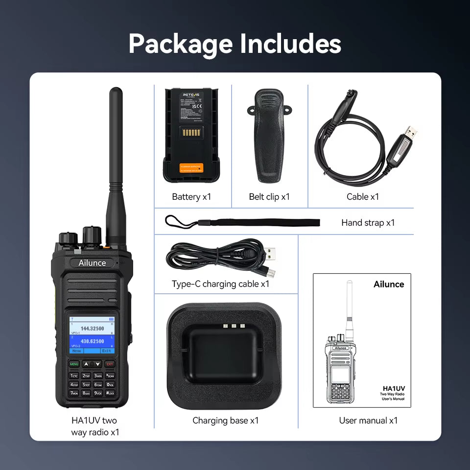 Ailunce HA1UV Walkie Talkie IP67 Waterproof 2800Mah Rechargeable Long Range Dual Band Two-Way Radio Sub-Ptt Ham Radio