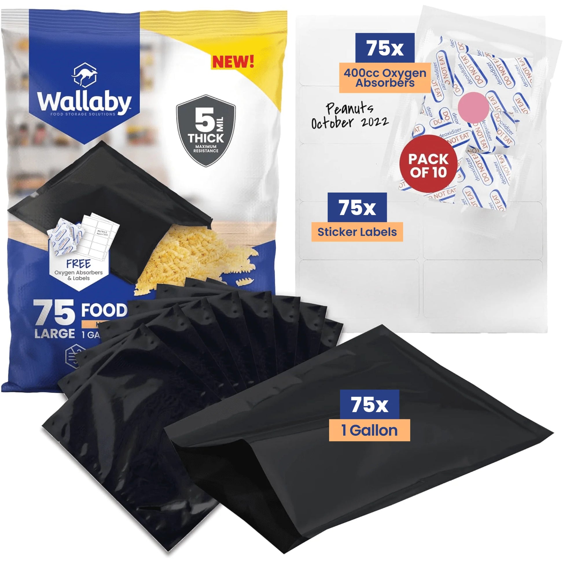75  Mylar Bags - Bundle - 1 Gallon (5 Mil, 10In X 14In) with 80 400Cc Oxygen Absorbers, 80 Sticker Labels - Heat Sealable, Food Safe, Long Term Food Storage & Survival - Black