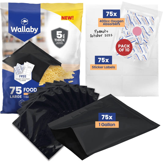 75  Mylar Bags - Bundle - 1 Gallon (5 Mil, 10In X 14In) with 80 400Cc Oxygen Absorbers, 80 Sticker Labels - Heat Sealable, Food Safe, Long Term Food Storage & Survival - Black