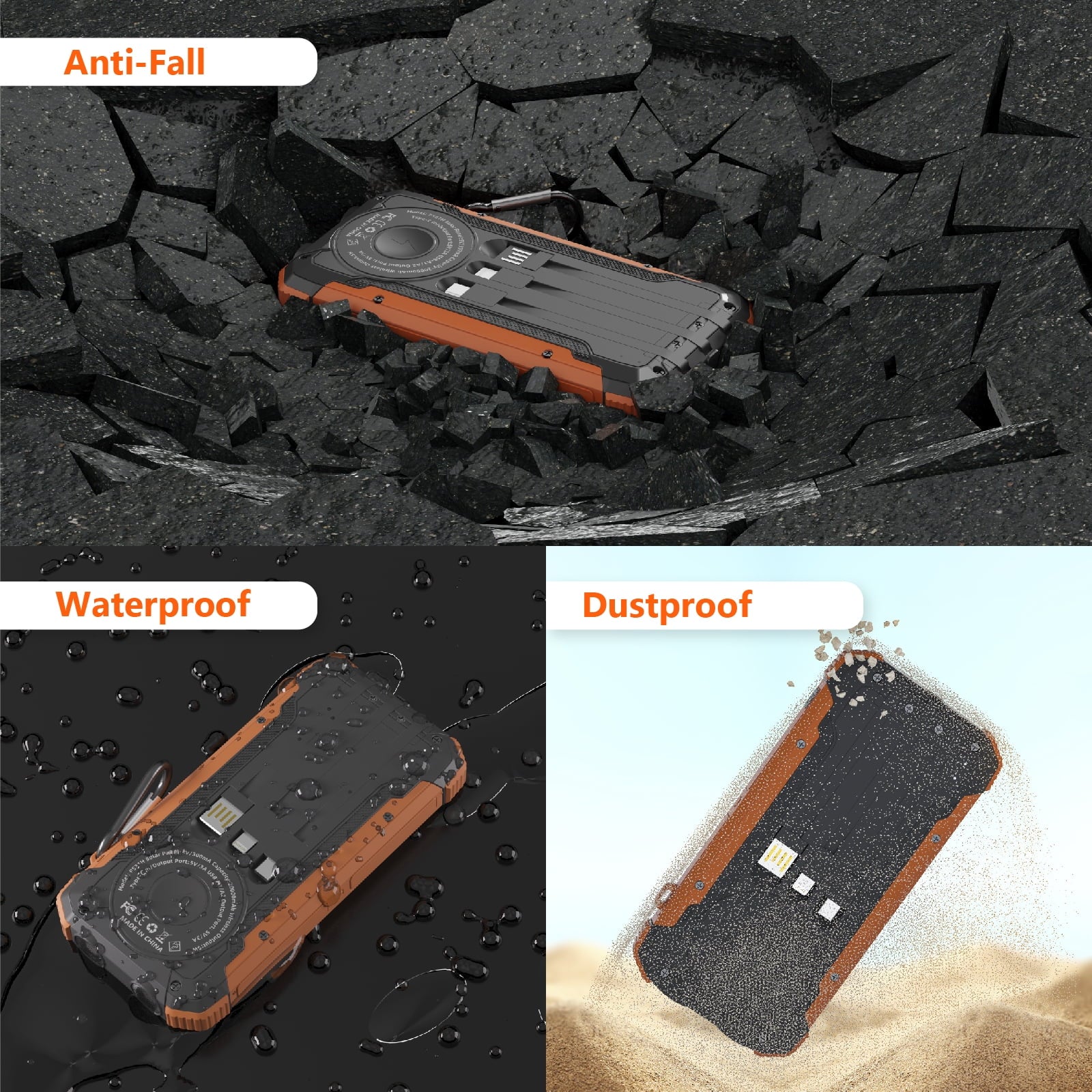 Solar Power Bank,20000Mah Portable Charger with Built-In 3 Cable,18W Fast Charging&5W Wireless Charger,Compatible with Iphone,Android-Camping,Hiking,Travel Essentials(Orange)