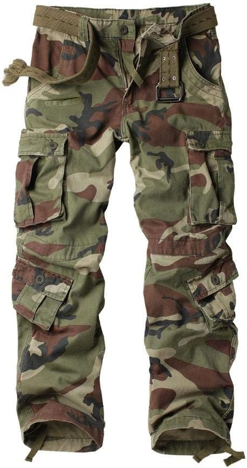 Men'S Casual Relaxed Fit Cargo Pants with Pockets, Outdoor Camo Cotton Work Pants for Men(No Belt)