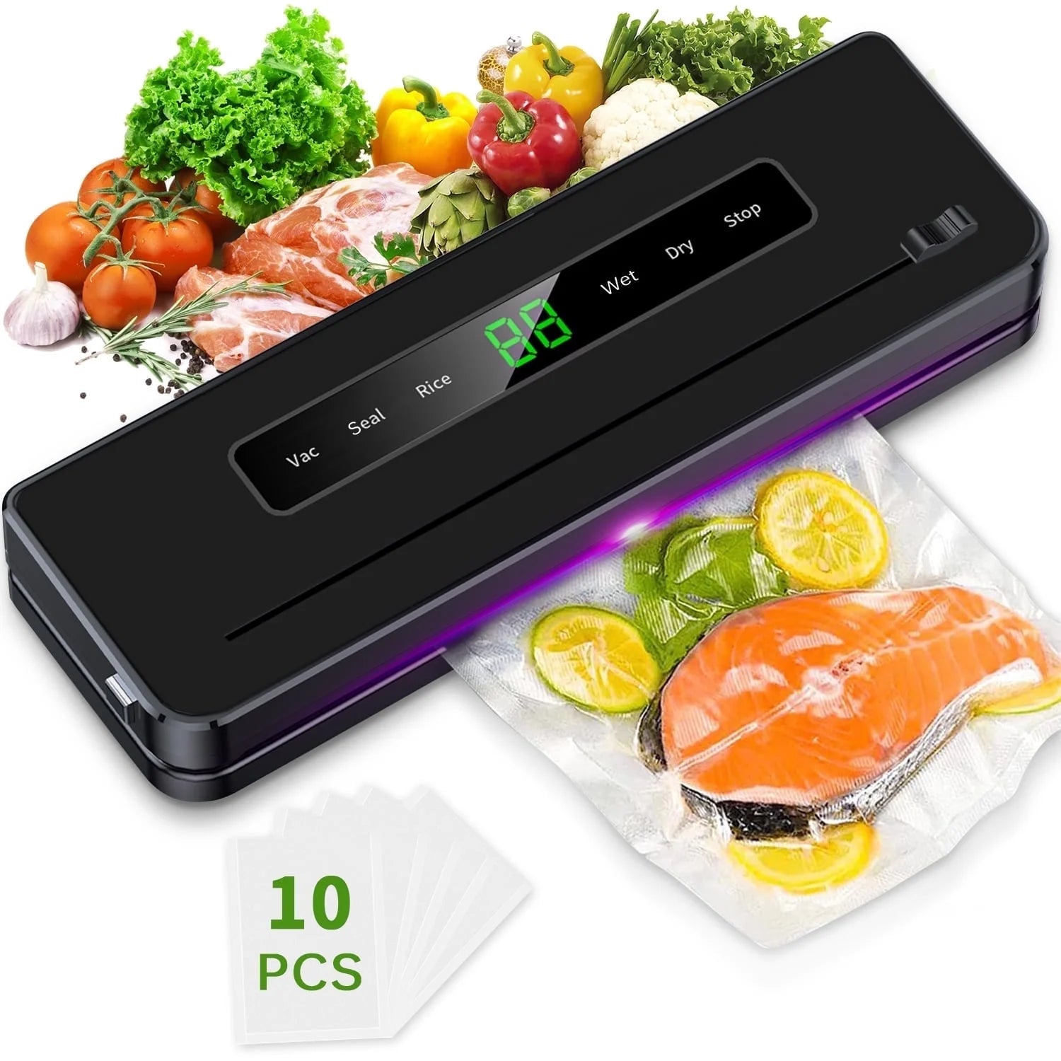 Vacuum Sealer Machine, Automatic Vacuum Sealer for Food with 10 Bags, Built-In Cutter, Dry & Moist Modes, LED Indicator, Easy to Clean, Compact Design for Sous Vide & Food Storage (Black)
