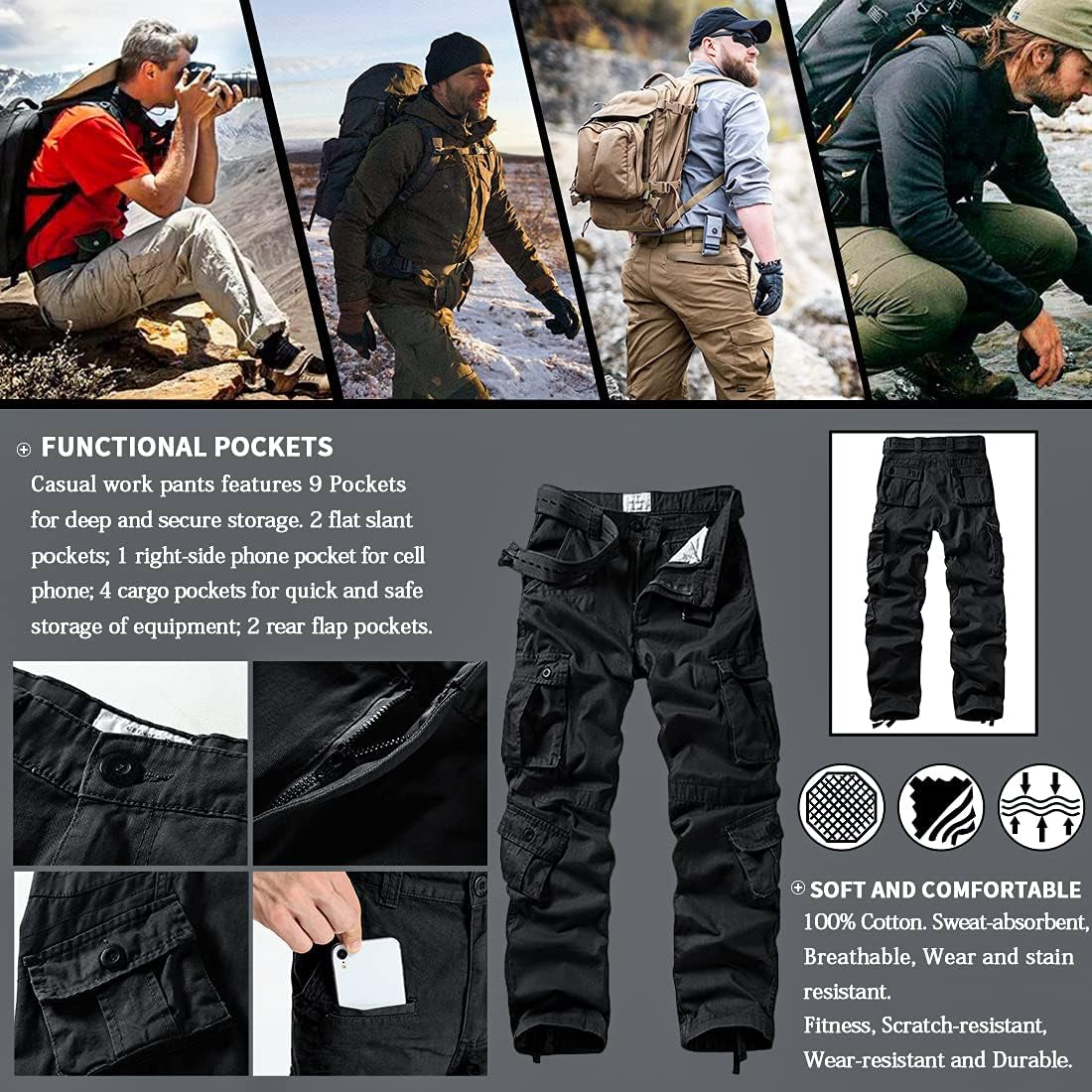 Men'S Cargo Pants Camo Casual Pants Relaxed Fit Cotton Work Pants with Multi Pocket