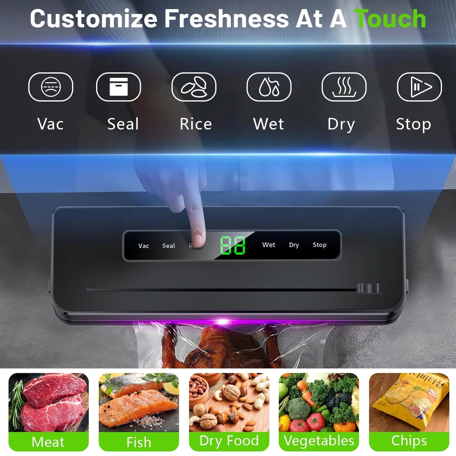 Vacuum Sealer Machine, Automatic Vacuum Sealer for Food with 10 Bags, Built-In Cutter, Dry & Moist Modes, LED Indicator, Easy to Clean, Compact Design for Sous Vide & Food Storage (Black)