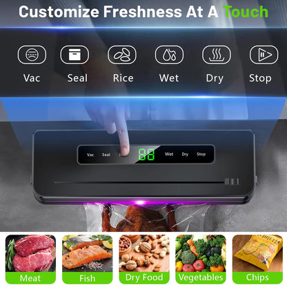 Vacuum Sealer Machine, Automatic Vacuum Sealer for Food with 10 Bags, Built-In Cutter, Dry & Moist Modes, LED Indicator, Easy to Clean, Compact Design for Sous Vide & Food Storage (Black)