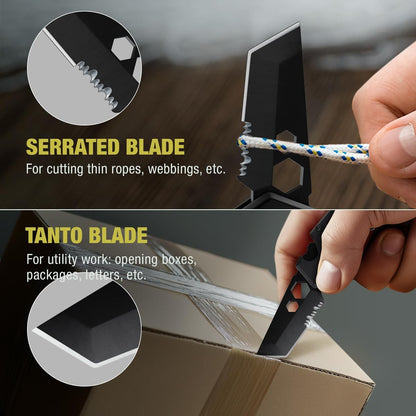 Mini Keychain Knife with Carabiner - 1.3" Tanto Serrated Blade - 6 in 1 Black Multitool - Bottle Opener Box Cutter Liner Lock - EDC Gadgets - Legal Folding Small Pocket Knives for Men Women Gifts 2248