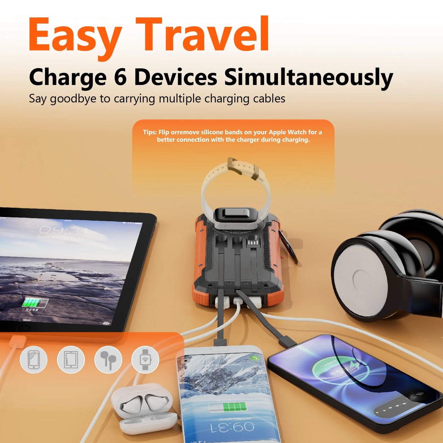 Solar Power Bank,20000Mah Portable Charger with Built-In 3 Cable,18W Fast Charging&5W Wireless Charger,Compatible with Iphone,Android-Camping,Hiking,Travel Essentials(Orange)