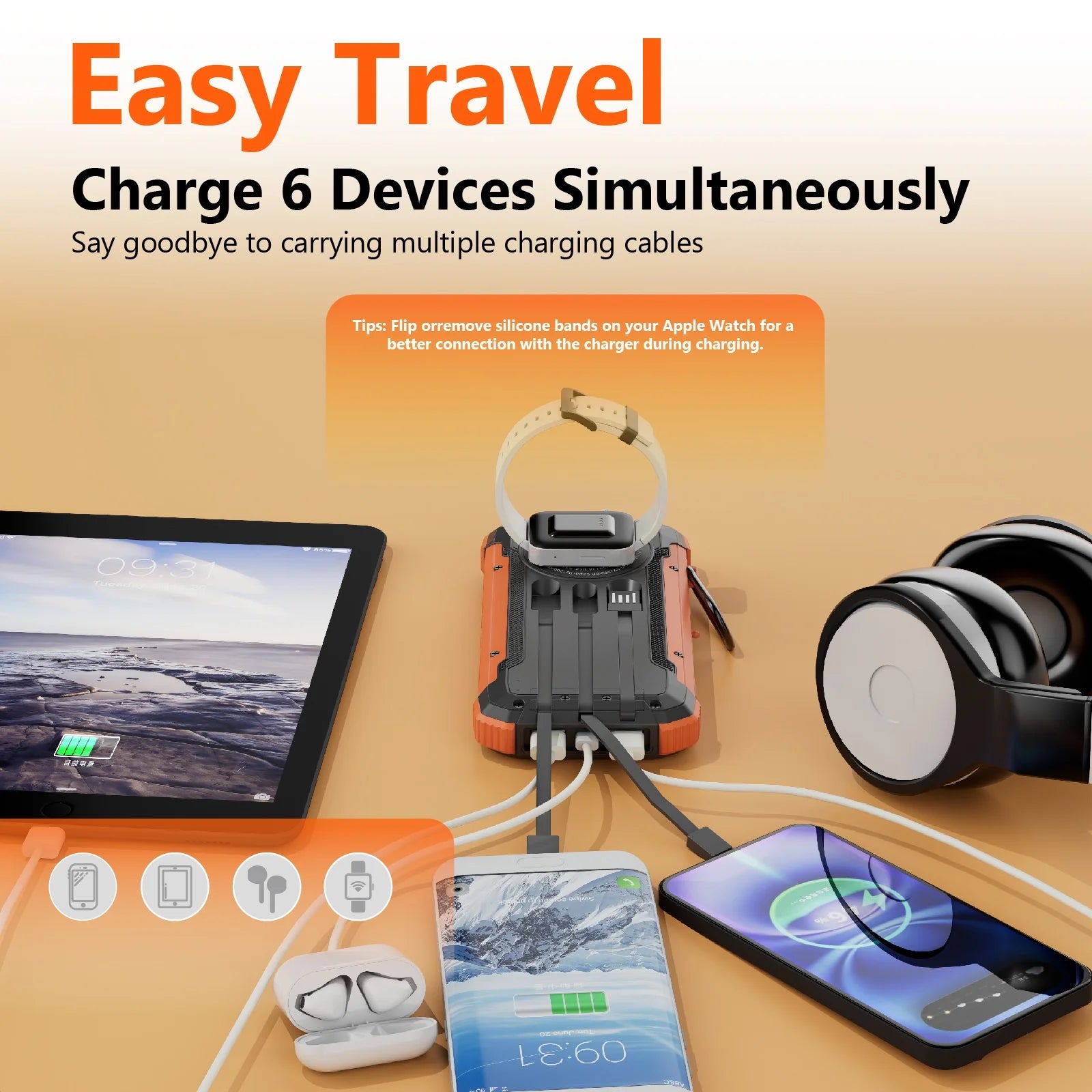 Solar Power Bank,20000Mah Portable Charger with Built-In 3 Cable,18W Fast Charging&5W Wireless Charger,Compatible with Iphone,Android-Camping,Hiking,Travel Essentials(Orange)